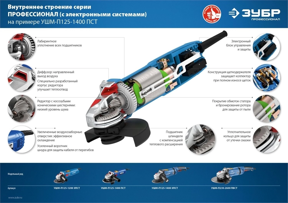 ЗУБР  1400 Вт, d125 мм, УШМ, Профессионал (УШМ-П125-1400 ПСТ) УШМ-П125-1400 ПСТ