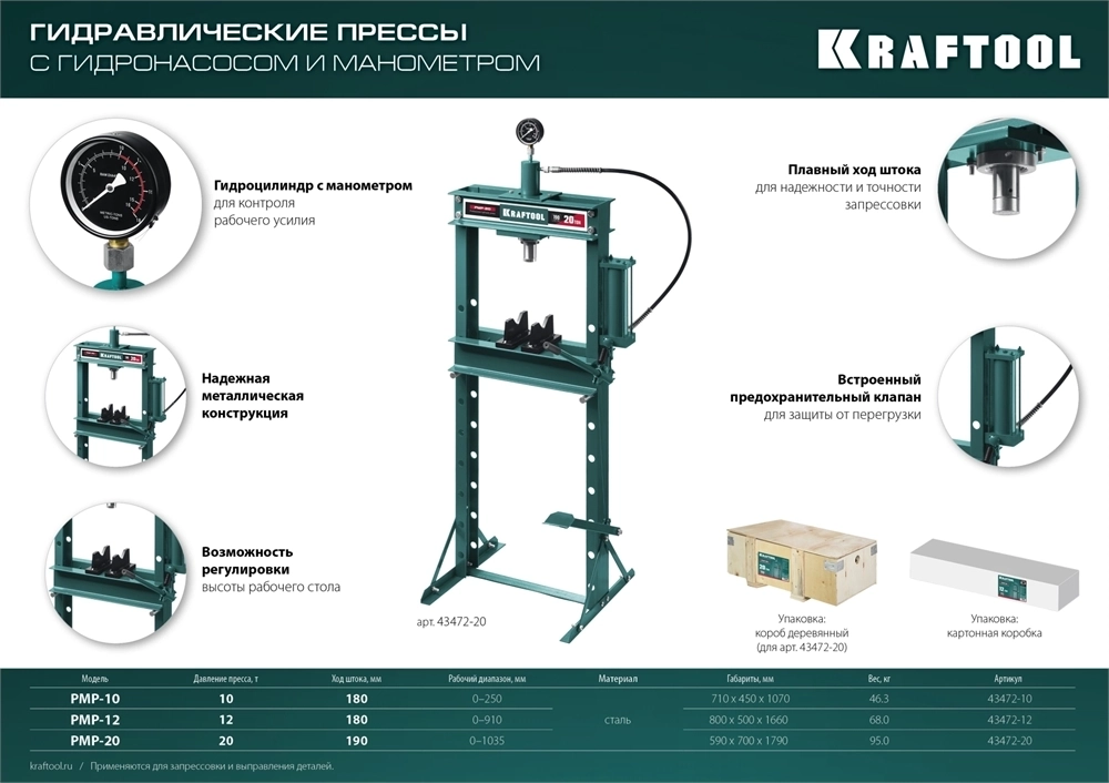 KRAFTOOL  PMP-12, 12 т, гидравлический пресс с гидронасосом и манометром (43472-12) 43472-12