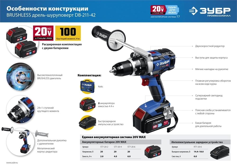 ЗУБР  Т7, 20 В, 100 Н·м, без АКБ, бесщеточная дрель-шуруповерт, Профессионал (DB-211) DB-211