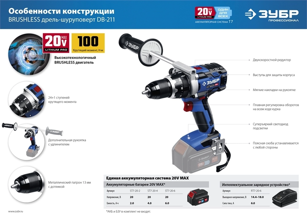 ЗУБР  Т7, 20 В, 100 Н·м, 2 АКБ (4 А·ч), бесщеточная дрель-шуруповерт, кейс, Профессионал (DB-211-42) DB-211-42
