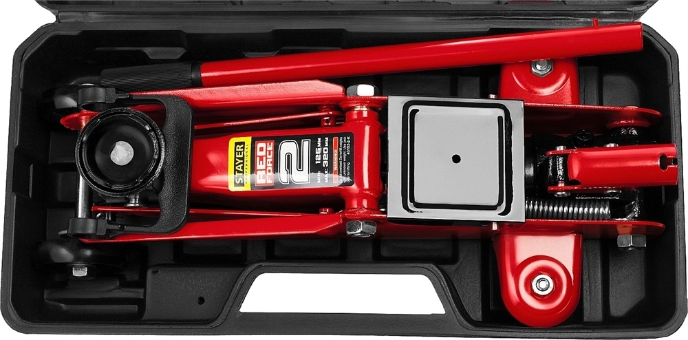 STAYER  R-22 RED FORCE, в кейсе, 2 т, 125 - 320 мм, подкатной домкрат для легковых а/м, Professional (43152-2-K) 43152-2-K