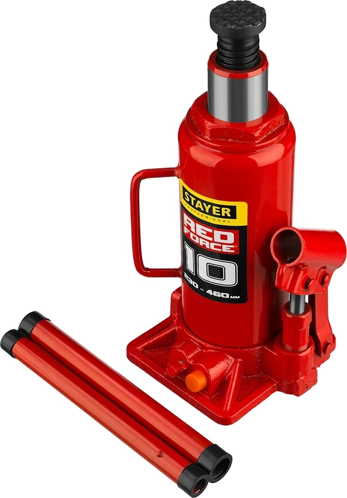 STAYER  RED FORCE, 10 т, 230 - 460 мм, бутылочный гидравлический домкрат, Professional (43160-10) 43160-10_z01