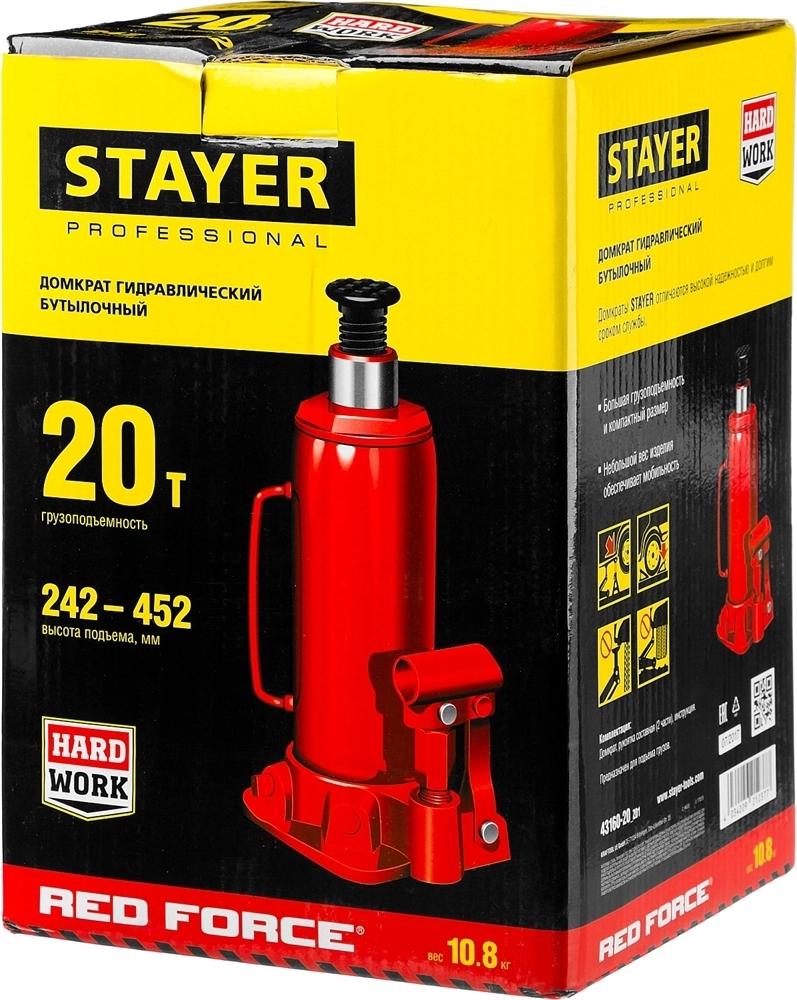 STAYER  RED FORCE, 20 т, 242 - 452 мм, бутылочный гидравлический домкрат, Professional (43160-20) 43160-20_z01