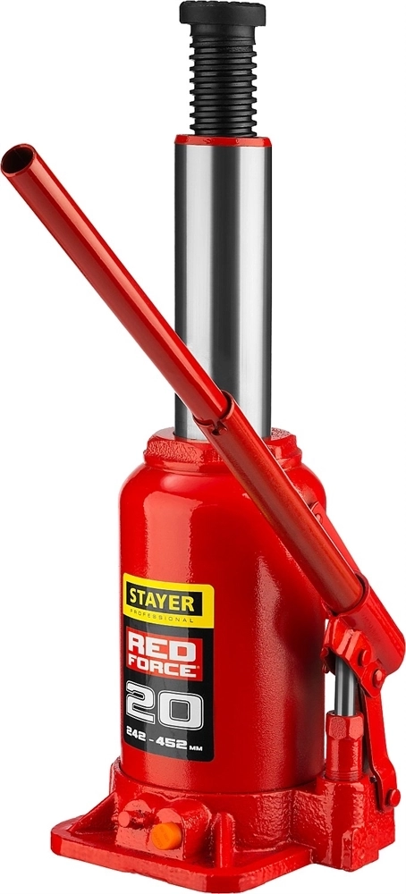 STAYER  RED FORCE, 20 т, 242 - 452 мм, бутылочный гидравлический домкрат, Professional (43160-20) 43160-20_z01