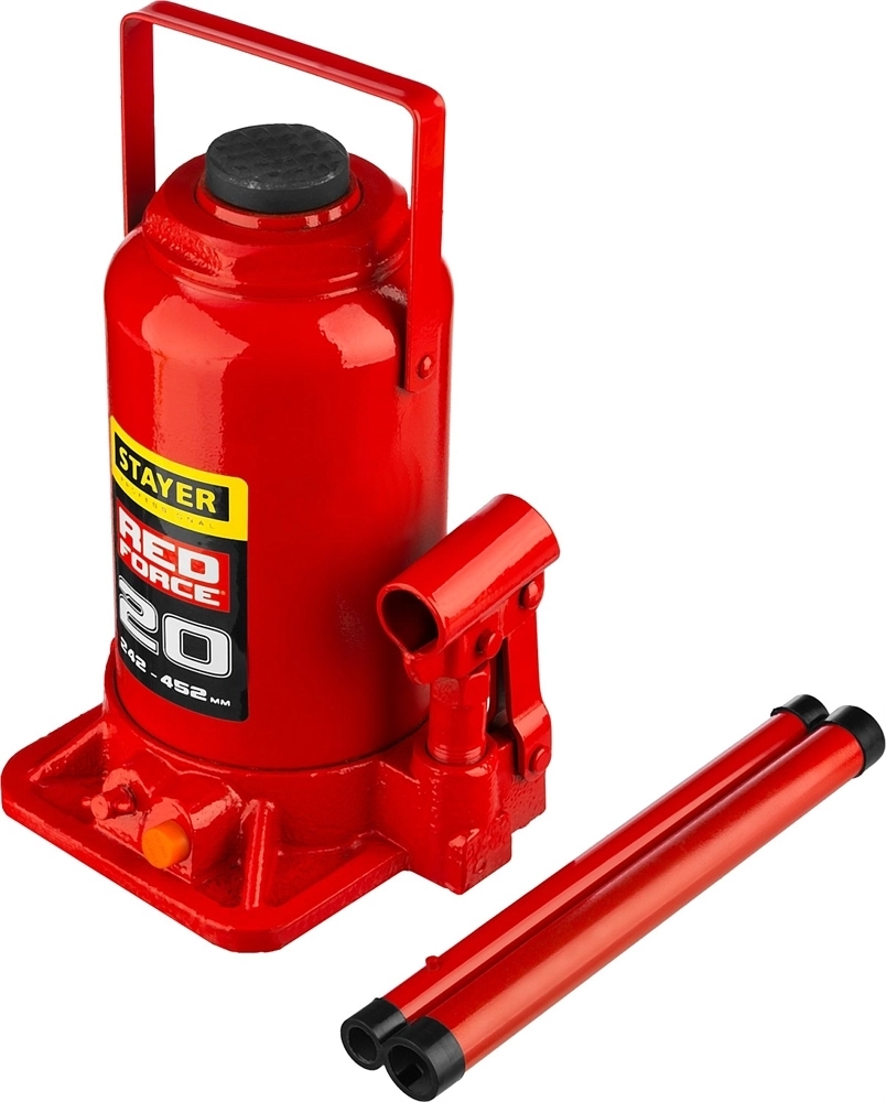 STAYER  RED FORCE, 20 т, 242 - 452 мм, бутылочный гидравлический домкрат, Professional (43160-20) 43160-20_z01
