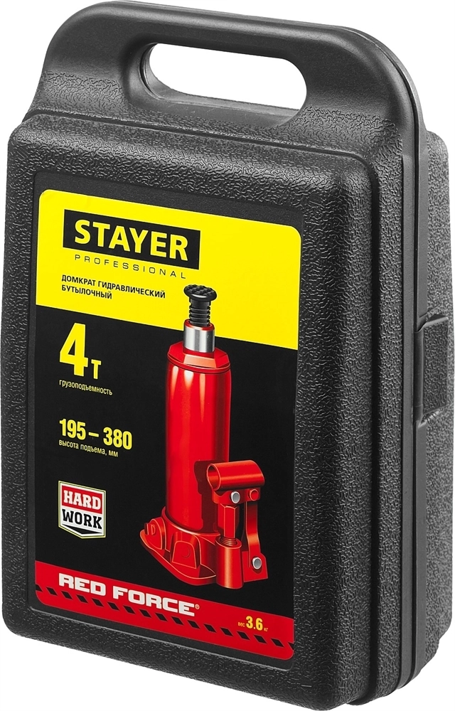 STAYER  RED FORCE, в кейсе, 4 т, 195 - 380 мм, бутылочный гидравлический домкрат, Professional (43160-4-K) 43160-4-K_z01