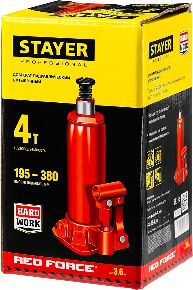 STAYER  RED FORCE, 4 т, 195 - 380 мм, бутылочный гидравлический домкрат, Professional (43160-4) 43160-4_z01