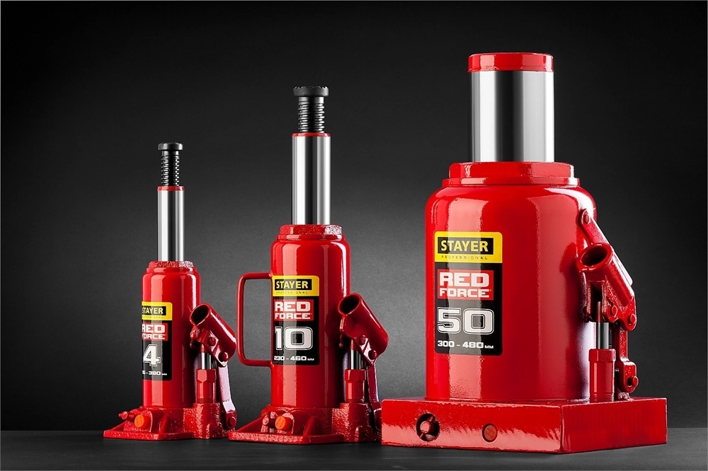 STAYER  RED FORCE, в кейсе, 5 т, 216 - 413 мм, бутылочный гидравлический домкрат, Professional (43160-5-K) 43160-5-K_z01