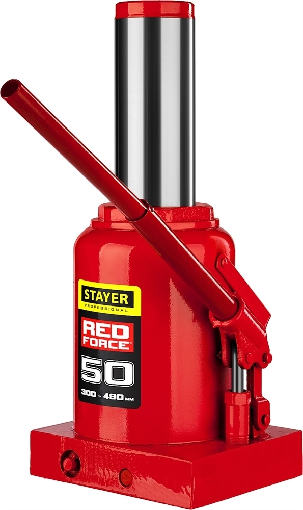 STAYER  RED FORCE, 50 т, 300 - 480 мм, бутылочный гидравлический домкрат, Professional (43160-50) 43160-50_z01