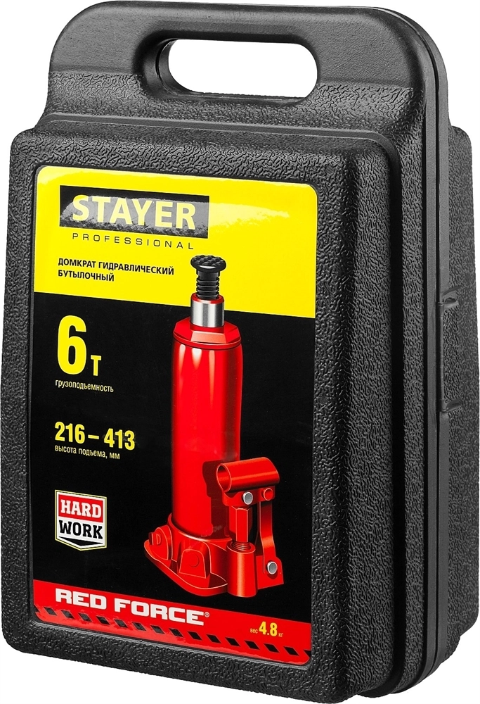 STAYER  RED FORCE, в кейсе, 6 т, 216 - 413 мм, бутылочный гидравлический домкрат, Professional (43160-6-K) 43160-6-K_z01