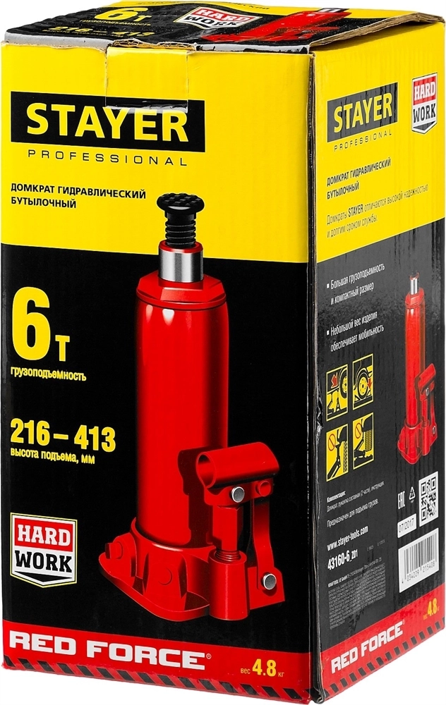 STAYER  RED FORCE, 6 т, 216 - 413 мм, бутылочный гидравлический домкрат, Professional (43160-6) 43160-6_z01