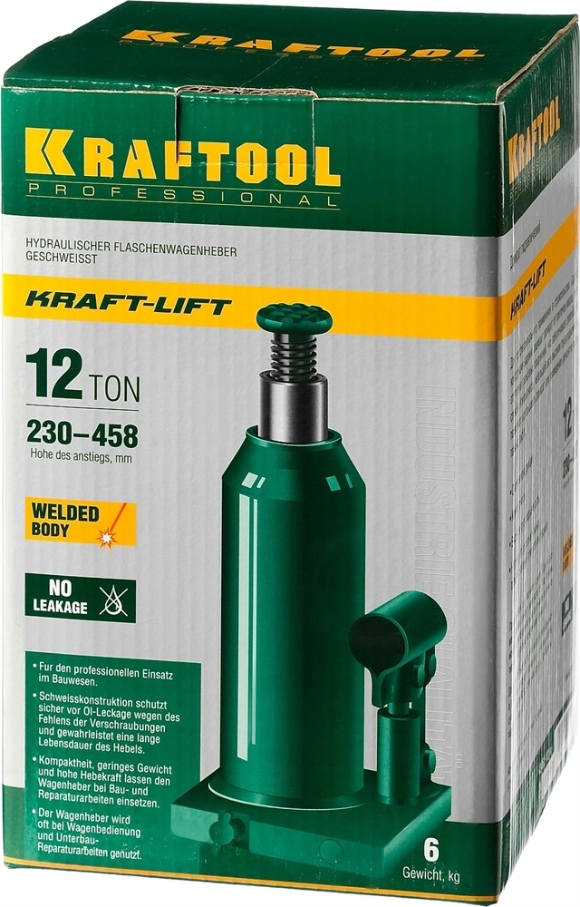 KRAFTOOL  KRAFT-LIFT, 12 т, 230 - 460 мм, бутылочный гидравлический домкрат (43462-12) 43462-12_z01