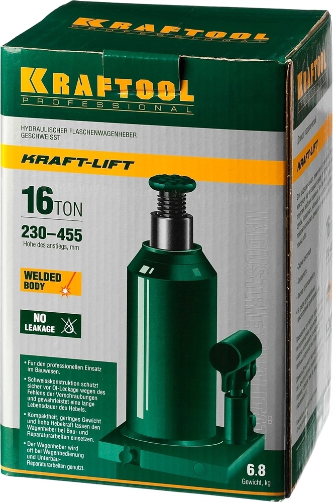 KRAFTOOL  KRAFT-LIFT, 16 т, 230 - 460 мм, бутылочный гидравлический домкрат (43462-16) 43462-16_z01