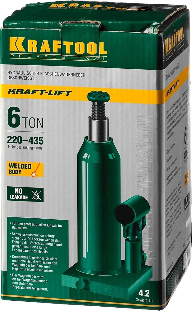 KRAFTOOL  KRAFT-LIFT, 6 т, 216 - 413 мм, бутылочный гидравлический домкрат (43462-6) 43462-6_z01