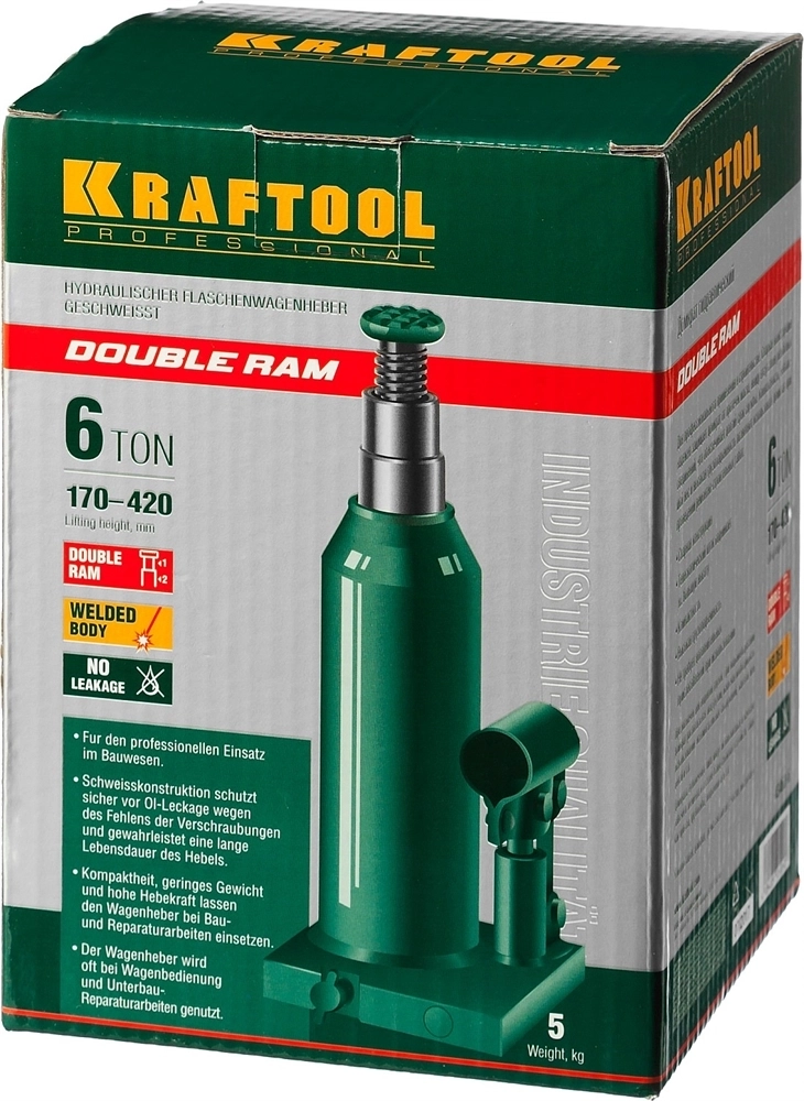 KRAFTOOL  DOUBLE RAM, 6 т, 170 - 420 мм, с увеличенным подъемом, двухштоковый бутылочный домкрат  (43463-6) 43463-6