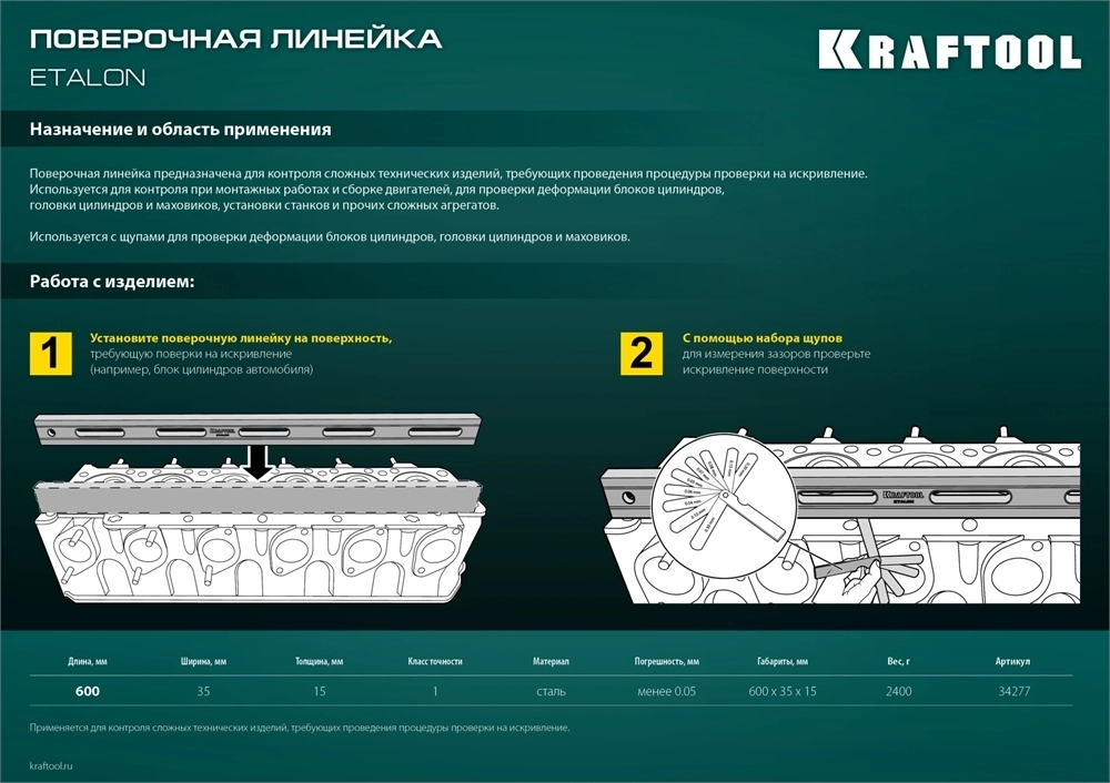KRAFTOOL  ETALON, 600 х 35 х 16 мм, класс точности 1, поверочная линейка (34277) 34277