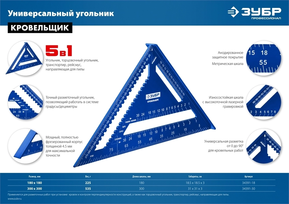 ЗУБР  Кровельщик, 180 мм,  5-в-1, универсальный кровельный угольник, Профессионал (34391-18) 34391-18