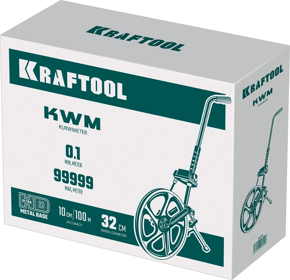 KRAFTOOL  0.1 - 99999.9 м, измерительное колесо (курвиметр) с металлическим шасси и рукояткой (34756) 34756