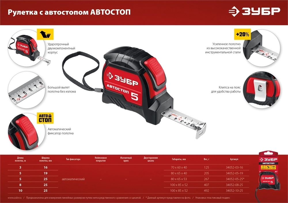 ЗУБР  Автостоп, 5 м х 25 мм, рулетка с автостопом (34052-05-25) 34052-05-25_z01