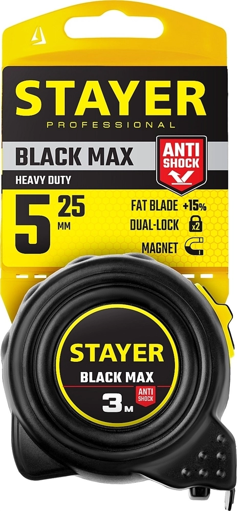 STAYER  BlackMax, 5 м х 25 мм, рулетка с двумя фиксаторами, Professional (3410-05-25) 3410-05-25_z02