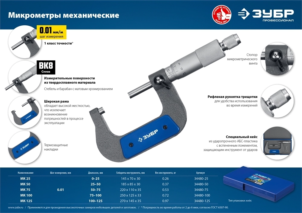 ЗУБР  МК 50, 25 - 50 мм, гладкий механический микрометр, Профессионал (34480-50) 34480-50_z02