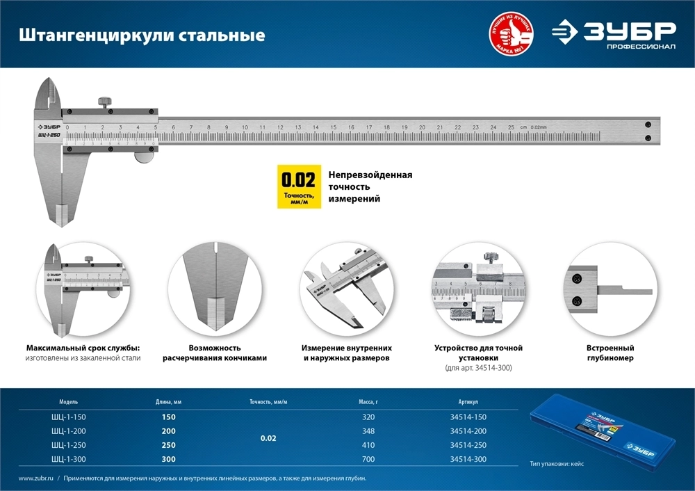 ЗУБР  ШЦ-1-200, 200 мм, стальной штангенциркуль, Профессионал (34514-200) 34514-200