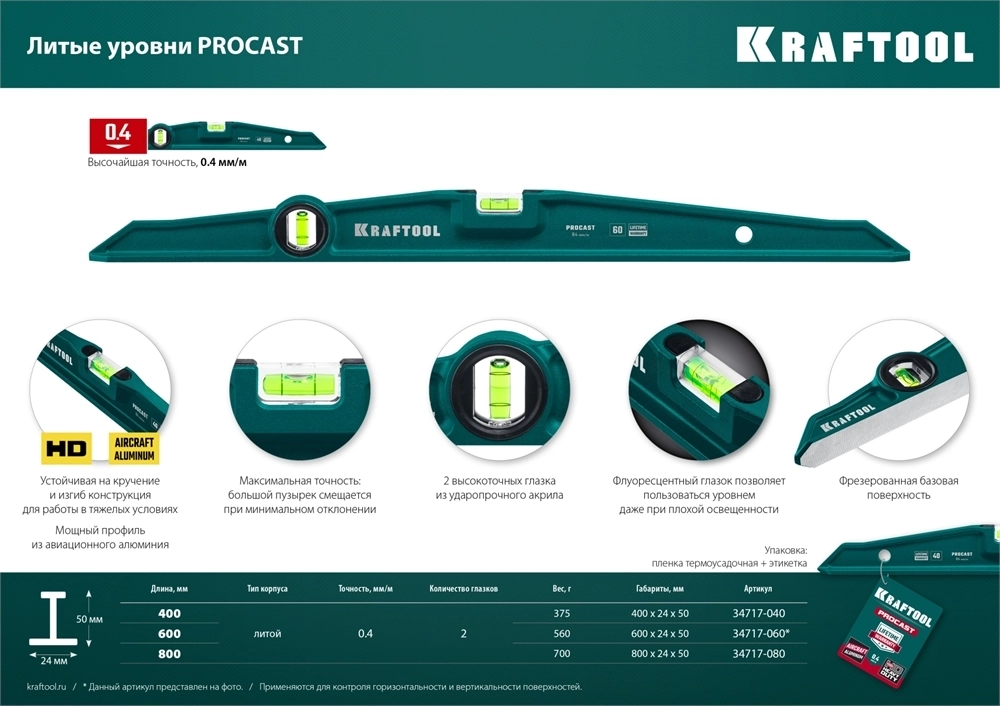 KRAFTOOL  PROCAST, 600 мм, литой уровень (34717-060) 34717-060
