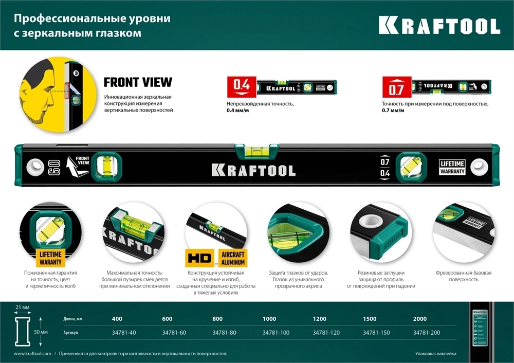 KRAFTOOL  600 мм, с зеркальным глазком, уровень (34781-60) 34781-60