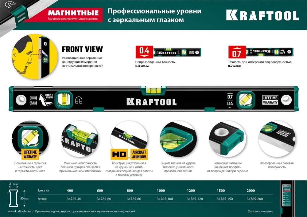 KRAFTOOL  400 мм, усиленный профиль, с зеркальным глазком, магнитный уровень (34785-40) 34785-40