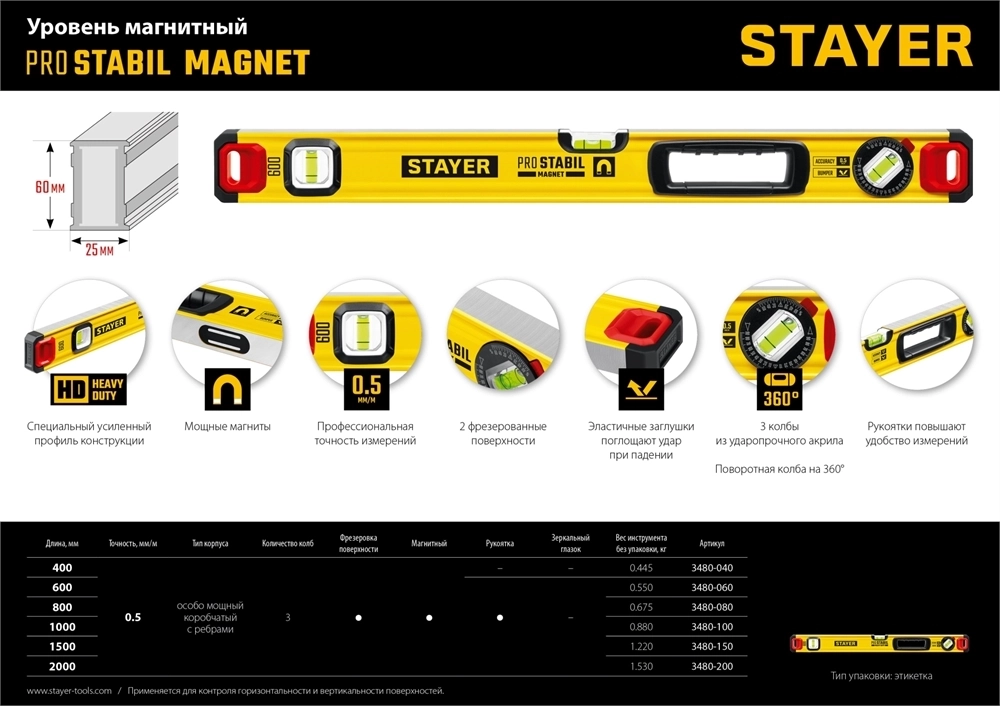 STAYER  PRO STABIL, 600 400 мм, усиленный профиль, магнитный уровень с поворотным глазком, Professional (3480-060) 3480-060