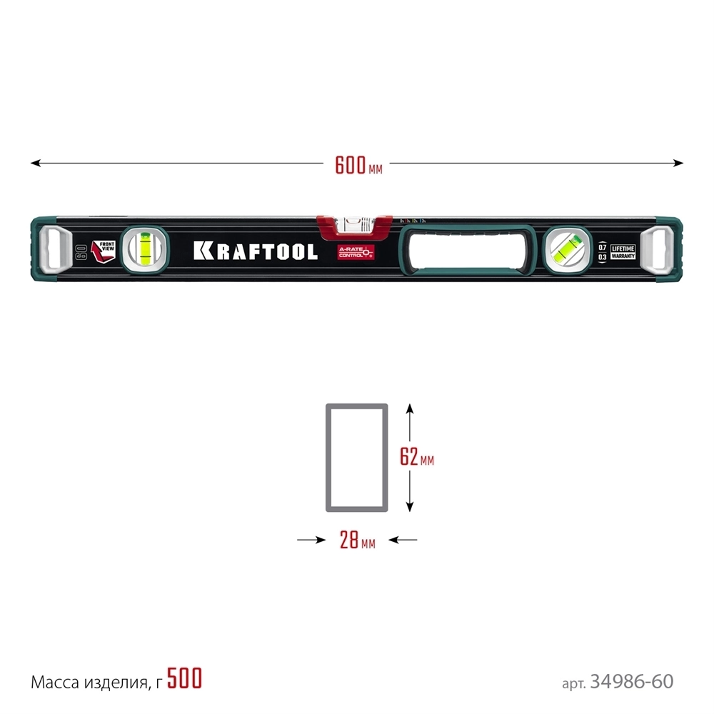 KRAFTOOL  A-RATE CONTROL, 600 мм, точность 0.3 мм/м, с инновационным зеркальным глазком, сверхпрочный уровень (34986-60) 34986-60