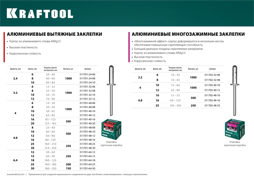 KRAFTOOL  Multi (Al5052), 4.0 x 10 мм, 1000 шт, многозажимные алюминиевые заклепки (311702-40-10) 311702-40-10