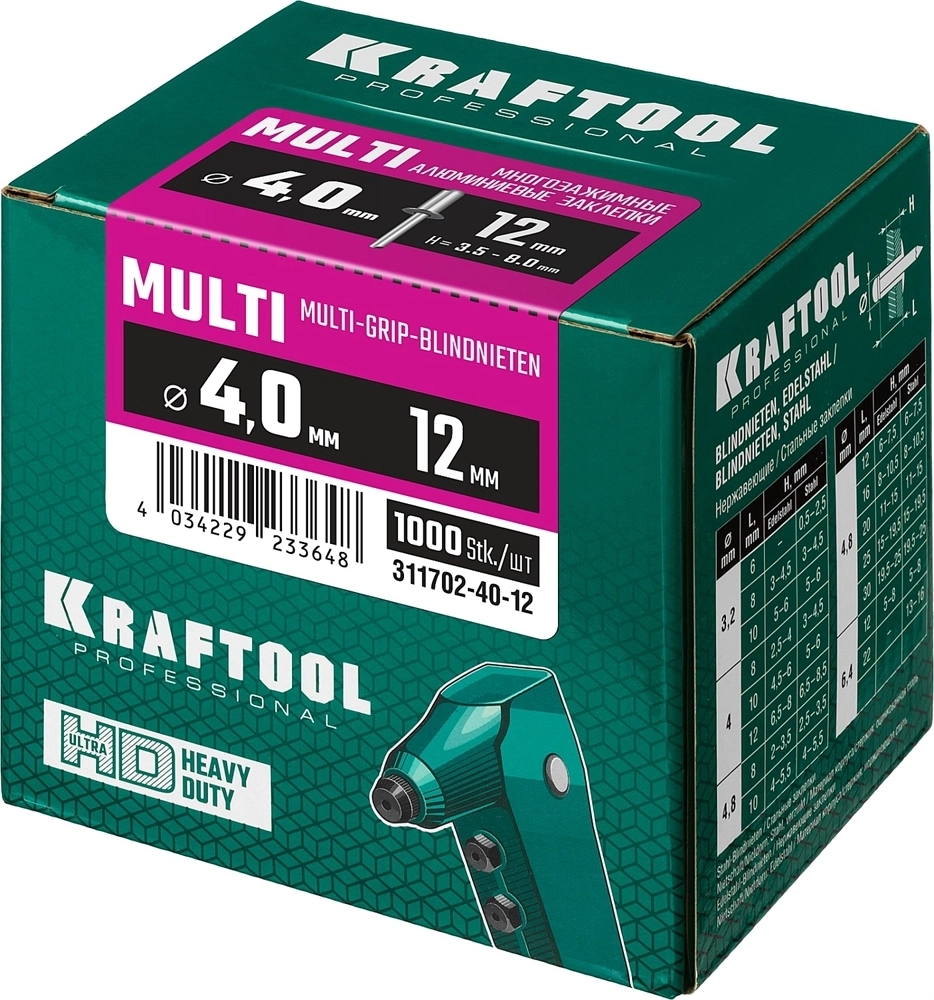 KRAFTOOL  Multi (Al5052), 4.0 x 12 мм, 1000 шт, многозажимные алюминиевые заклепки (311702-40-12) 311702-40-12