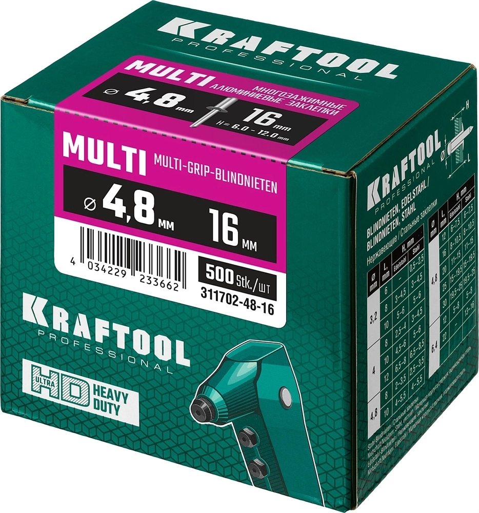 KRAFTOOL  Multi (Al5052), 4.8 x 16 мм, 500 шт, многозажимные алюминиевые заклепки (311702-48-16) 311702-48-16