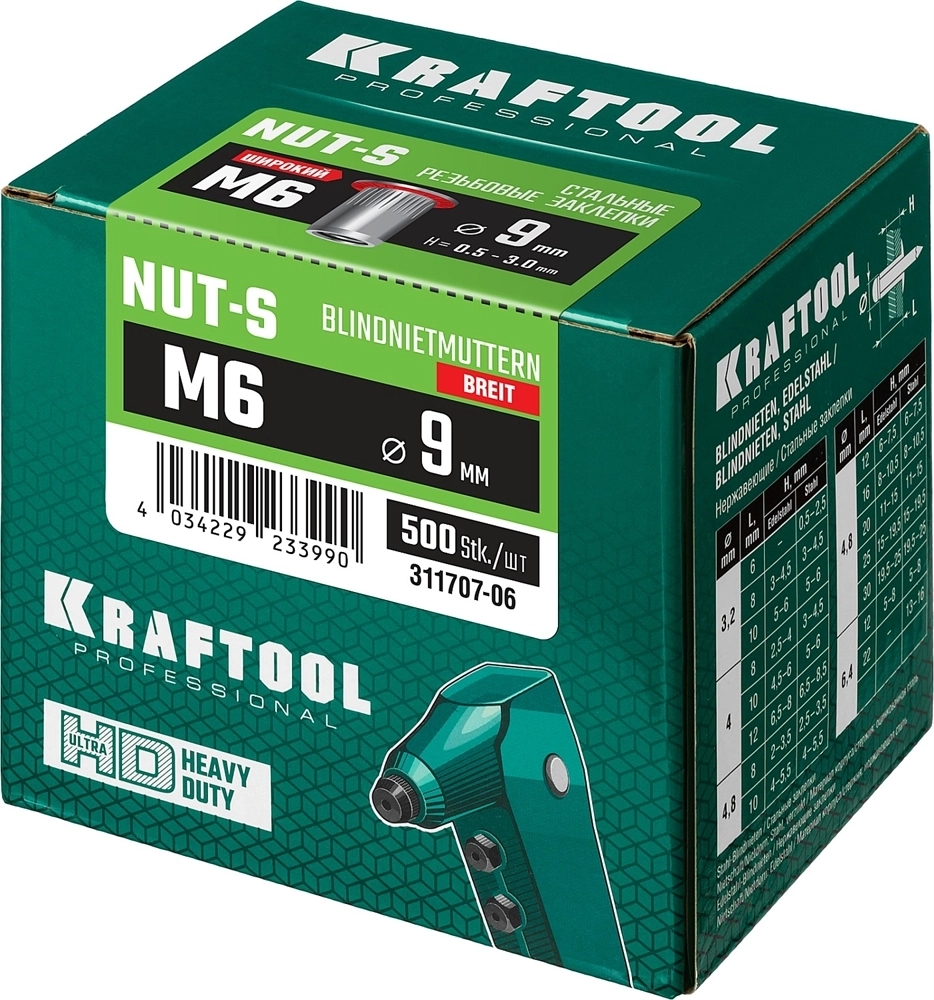 KRAFTOOL  Nut-S, М6, 500 шт, резьбовые заклепки стальные с насечками (311707-06) 311707-06