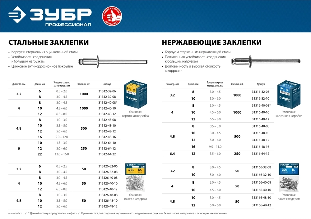 ЗУБР  4.8 x 16 мм, 500 шт, нержавеющие заклепки, Профессионал (31316-48-16) 31316-48-16