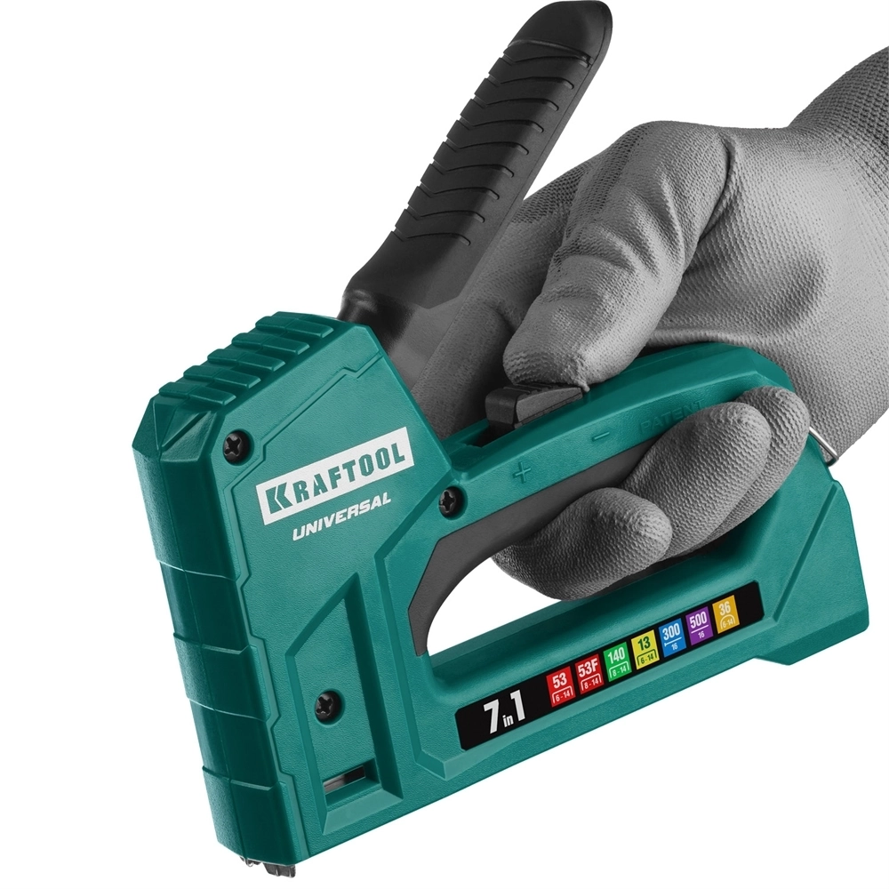 KRAFTOOL  Universal, 7-в-1: 53 (A/10/JT21) 23GA (6 - 14 мм)/140 (G/11/57) 20GA (8 - 14 мм)/13/53F/36/500, универсальный легкий степлер (31524) 31524