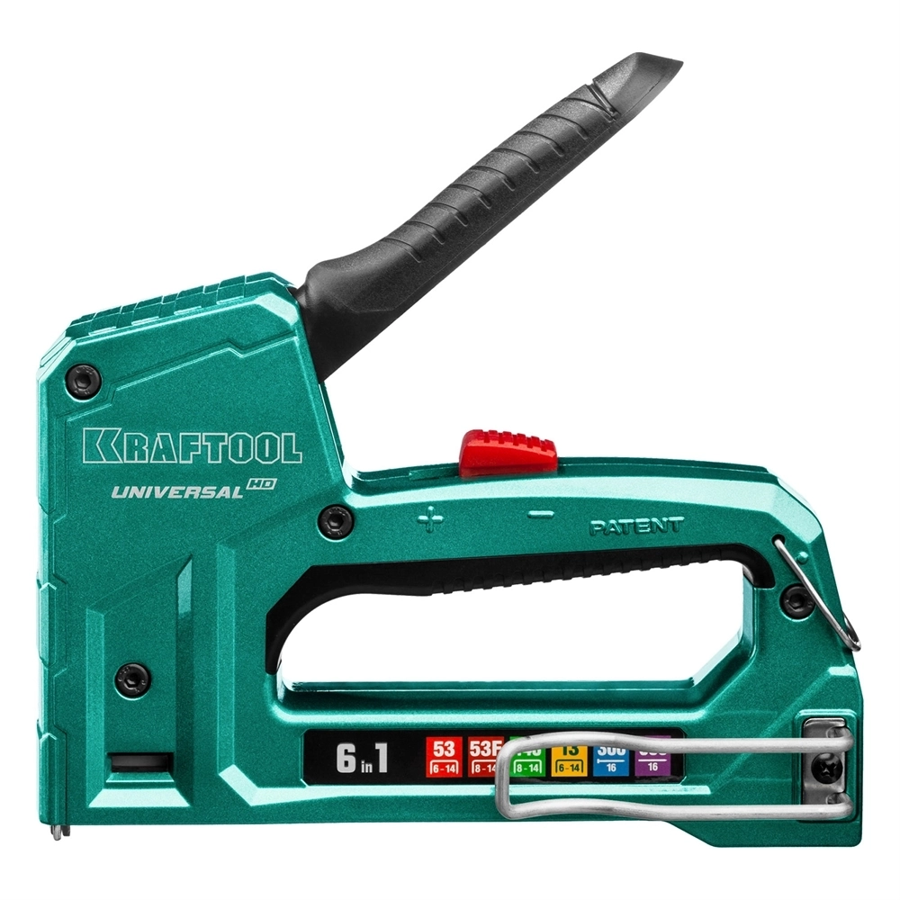 KRAFTOOL  Universal-HD, 6-в-1: 53 (A/10/JT21) 23GA (6 - 14 мм)/140 (G/11/57) 20GA (8 - 14 мм)/13/53F/300/500, универсальный алюминиевый степлер (3188) 3188