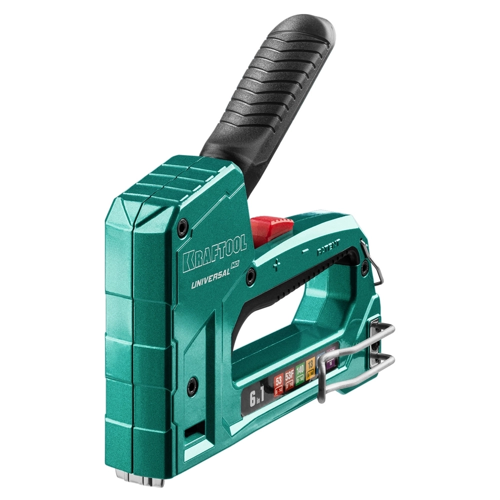 KRAFTOOL  Universal-HD, 6-в-1: 53 (A/10/JT21) 23GA (6 - 14 мм)/140 (G/11/57) 20GA (8 - 14 мм)/13/53F/300/500, универсальный алюминиевый степлер (3188) 3188