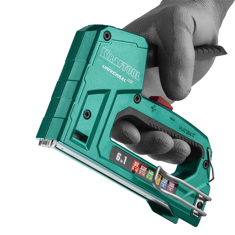 KRAFTOOL  Universal-HD, 6-в-1: 53 (A/10/JT21) 23GA (6 - 14 мм)/140 (G/11/57) 20GA (8 - 14 мм)/13/53F/300/500, универсальный алюминиевый степлер (3188) 3188