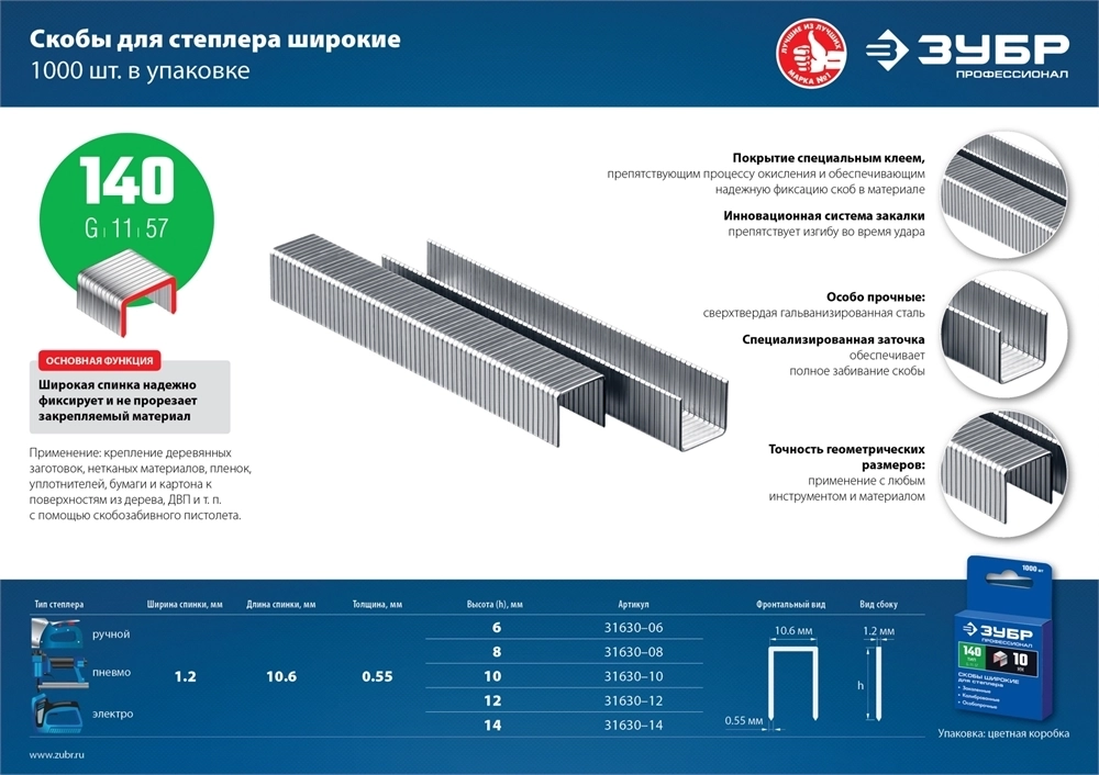 ЗУБР  тип 140 (G/11/57) 10 мм, 1000 шт, калибр 20GA, скобы для степлера, Профессионал (31630-10) 31630-10_z01