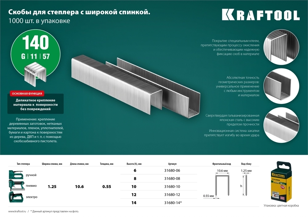 KRAFTOOL  тип 140 (G/11/57) 12 мм, 1000 шт, калибр 20GA, скобы для степлера (31680-12) 31680-12