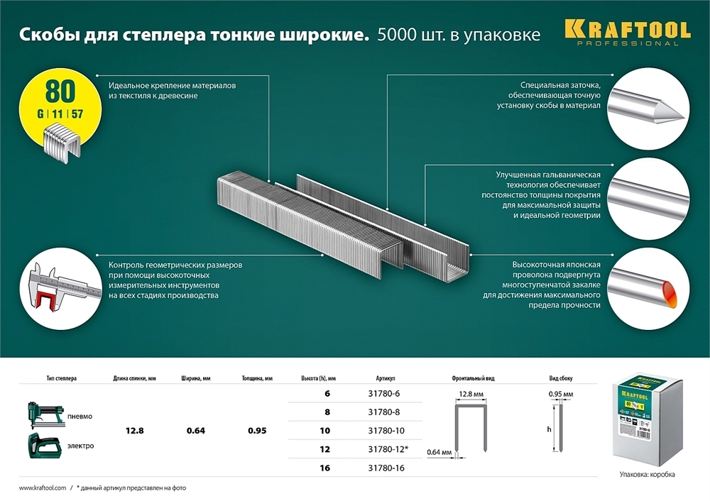 KRAFTOOL  тип 21GA (80/Pr A/Senco AT) 10 мм, 5000 шт, скобы для степлера (31780-10) 31780-10