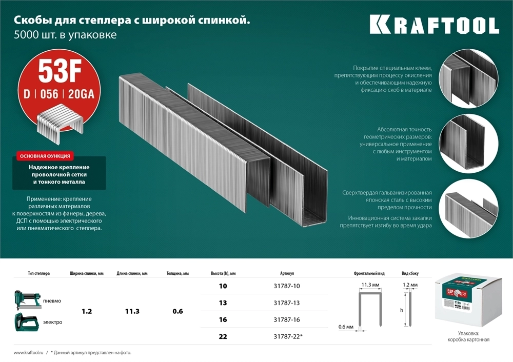 KRAFTOOL  тип 20GA (53F/D/056) 10 мм, 5000 шт, скобы для степлера (31787-10) 31787-10