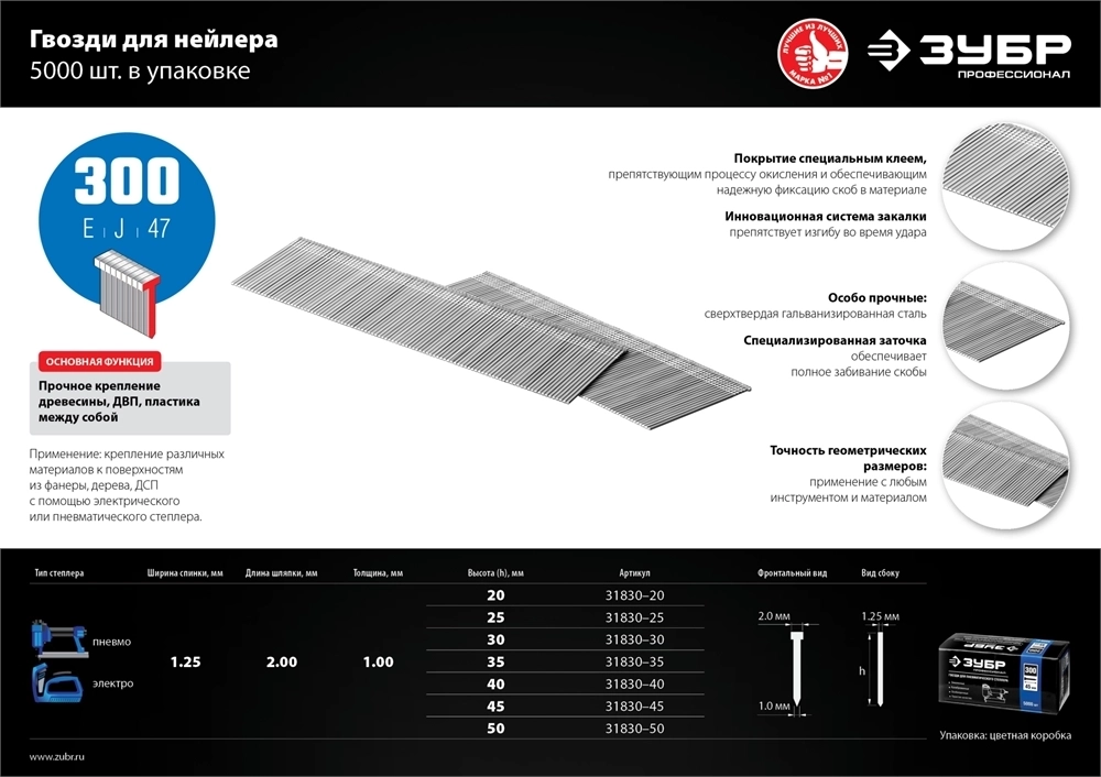 ЗУБР  тип 18GA (47/300/F) 35 мм, 5000 шт, гвозди для нейлера, Профессионал (31830-35) 31830-35