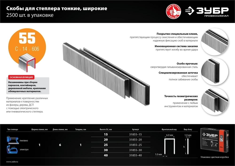 ЗУБР  тип 18GA (55/90/C) 15 мм, 2500 шт, скобы для степлера, Профессионал (31855-15) 31855-15