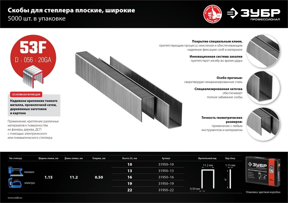 ЗУБР  тип 20GA (53F/D/056) 16 мм, 5000 шт, скобы для степлера, Профессионал (31950-16) 31950-16