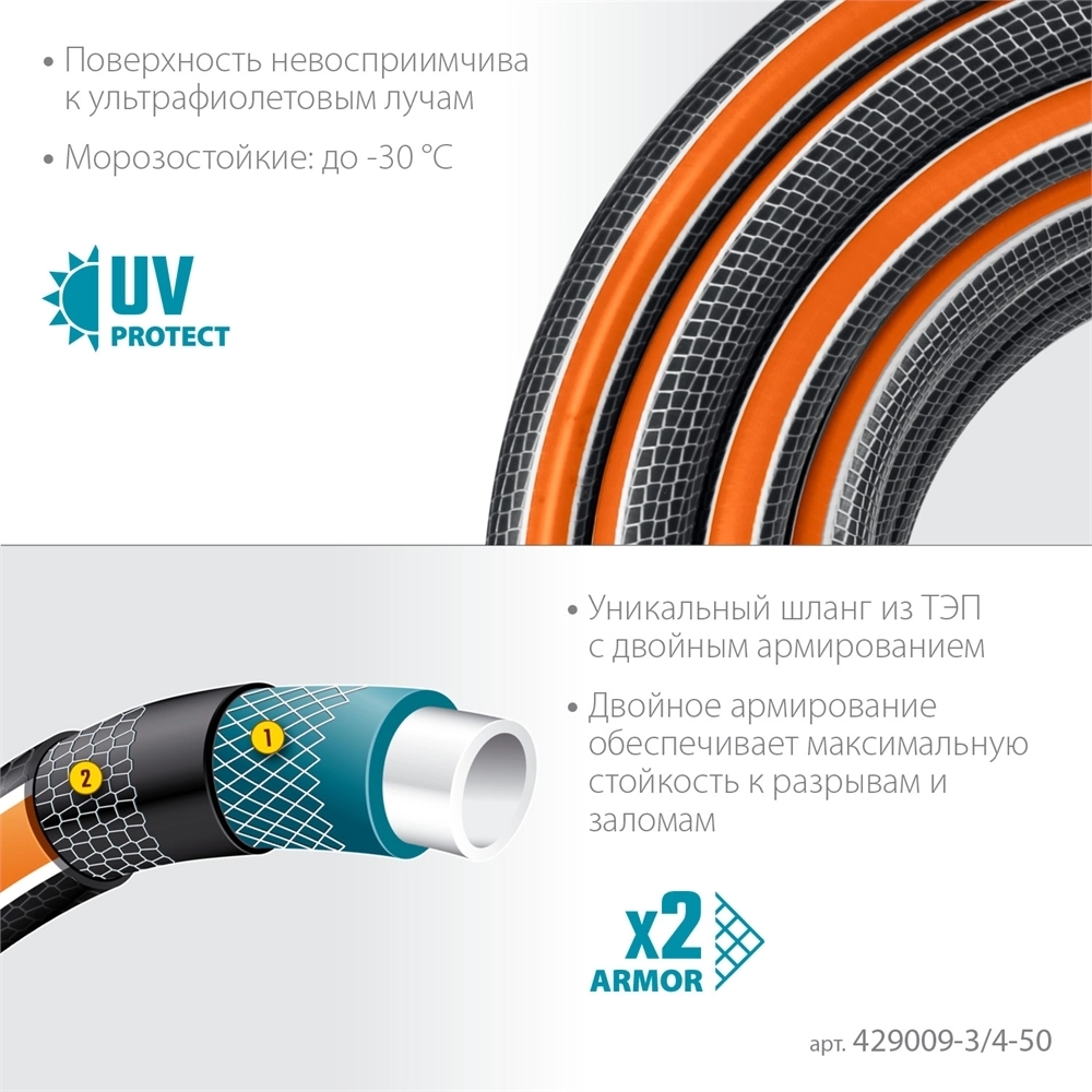 GRINDA  ULTRA 6, 3/4″, 50 м, 25 атм, шестислойный, двойное армирование, поливочный шланг, PROLine (429009-3/4-50) 429009-3/4-50