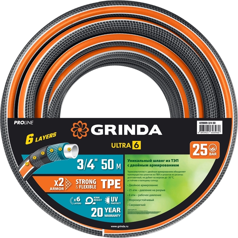GRINDA  ULTRA 6, 3/4″, 50 м, 25 атм, шестислойный, двойное армирование, поливочный шланг, PROLine (429009-3/4-50) 429009-3/4-50