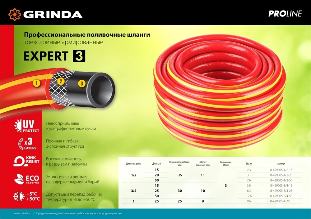 GRINDA  EXPERT 3, 3/4″, 15 м, 30 атм, трёхслойный, армированный, поливочный шланг, PROLine (8-429005-3/4-15) 8-429005-3/4-15_z02